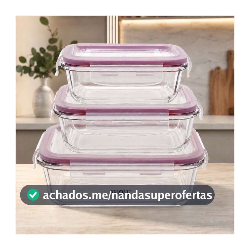 Kit 3 Potes De Vidro Herméticos com Trava para Alimentos Refratário