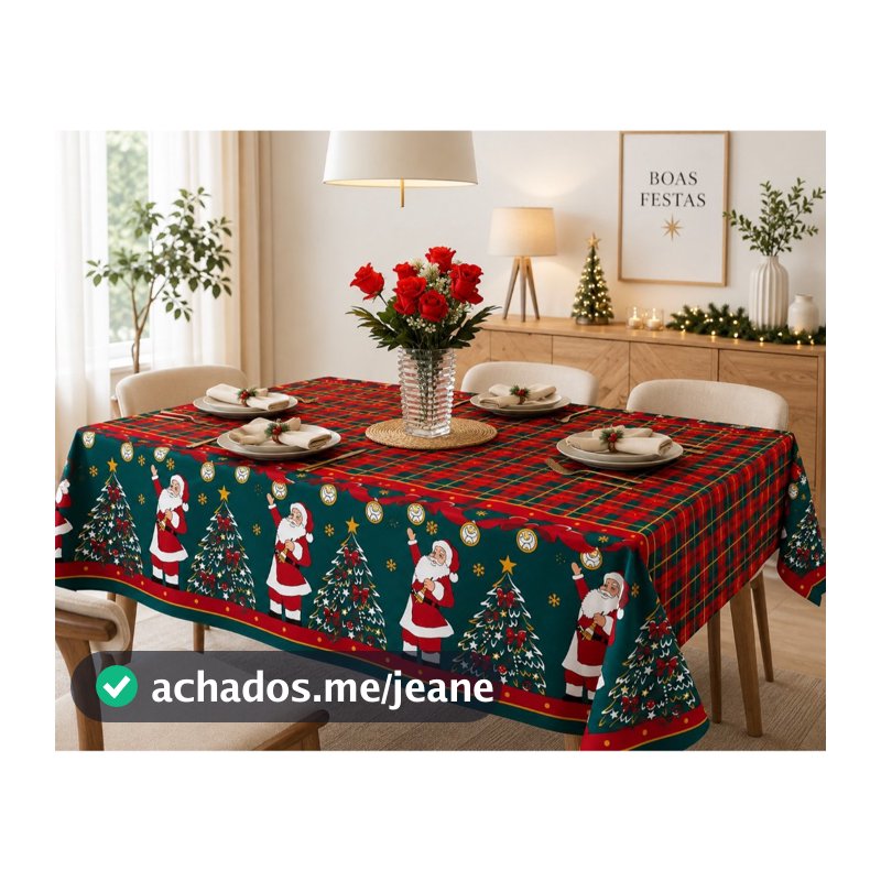 Toalha de Mesa Natalina 4, 6 e 8 Lugares Oxford Natal Estampada Papai Noel Vermelho Verde