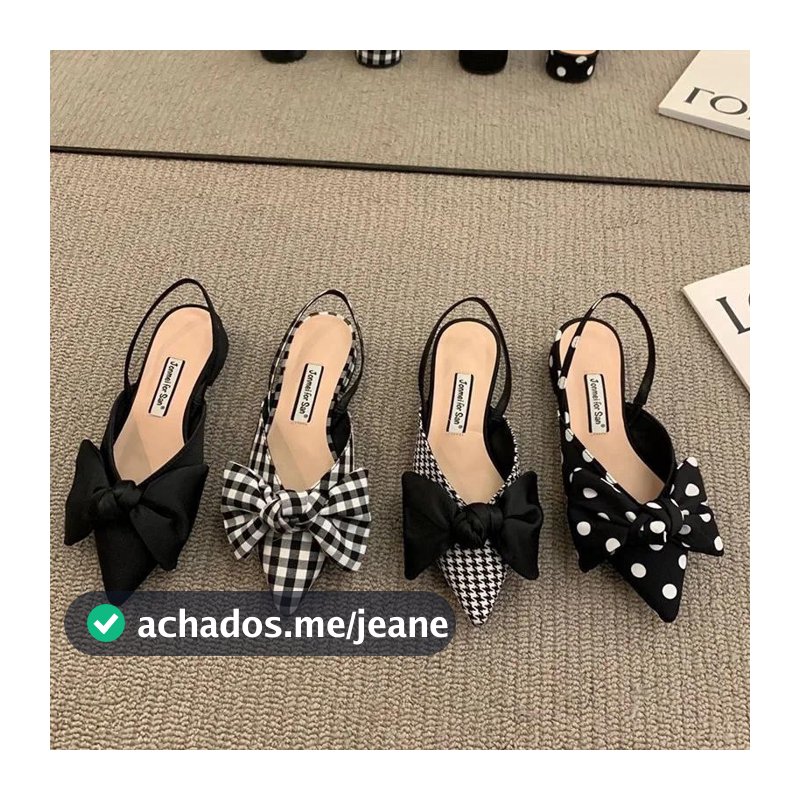 Sandálias de Salto Alto Femininas com Bico Fino, Laço, Slingbacks, Bolas Xadrez, Slip-On, Salto Pequeno, Sapatos Finos C