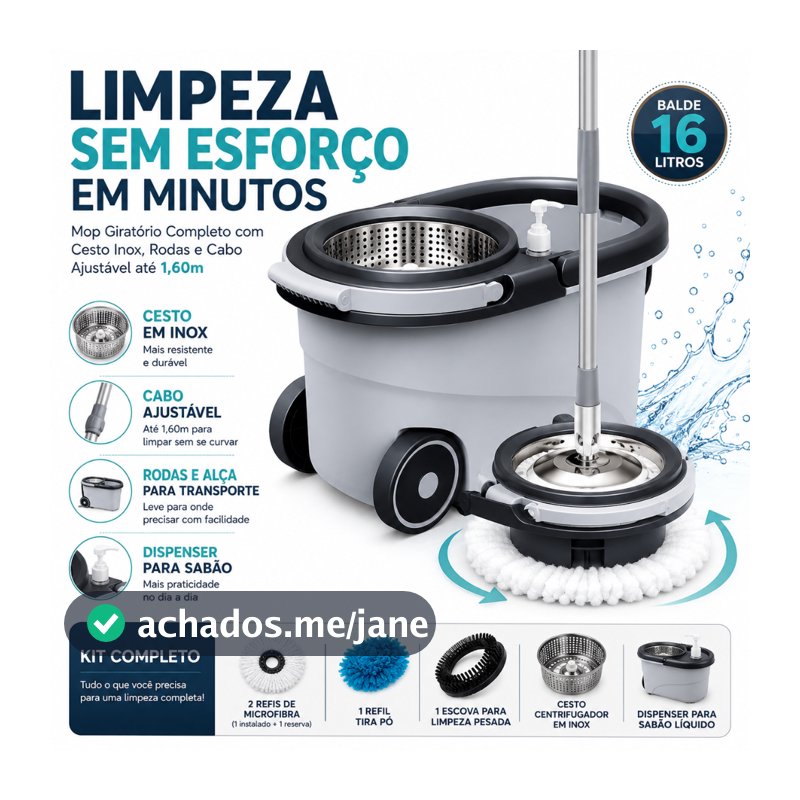 Mop Giratório Com Cesto Em Inox Cinza - Cabo 150cm - Completo - CH