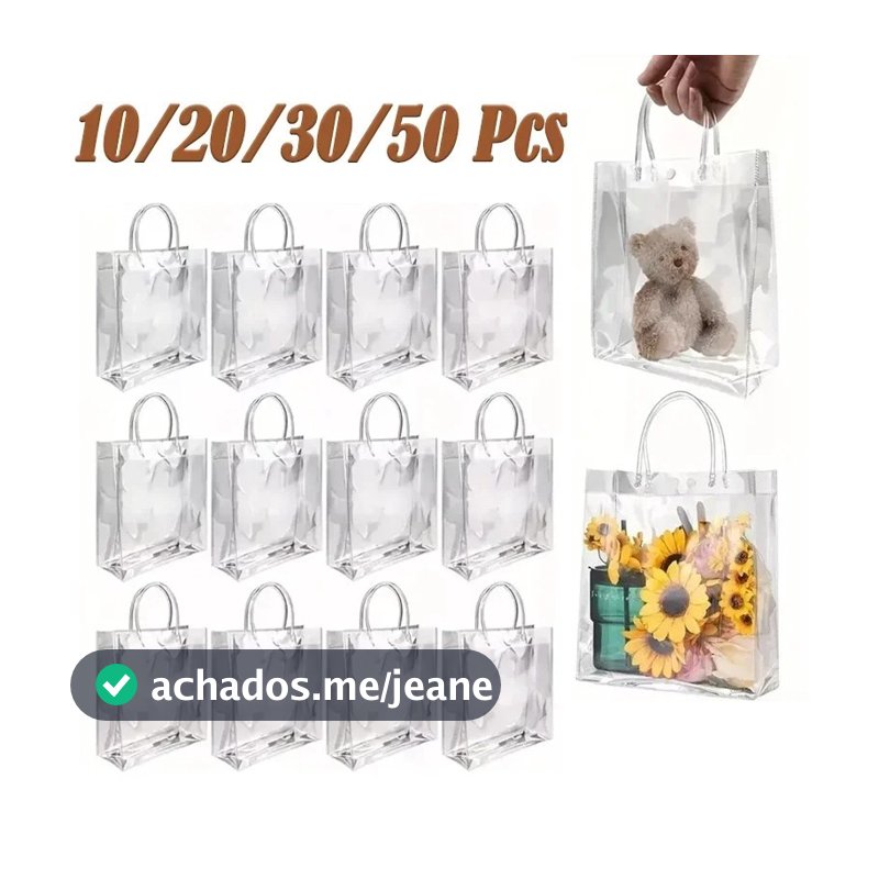 Kit 10/20/30/40/50 Sacola Transparente PVC para Presente Lembrancinha Festa Infantil Casamento Embalagem Reutilizável