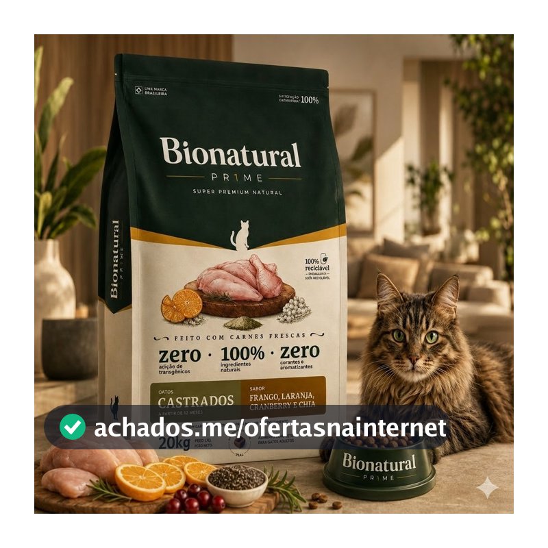 Ração Gato Bionatural Prime Gatos Castrados Frango 20kg Super Premium