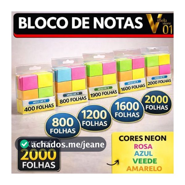 KITS COM 400, 800, 1200, 1600 e 2000 FOLHAS BLOCO ADESIVO POST ANOTACAO 37,5X50MM NEON PAPE AULAS