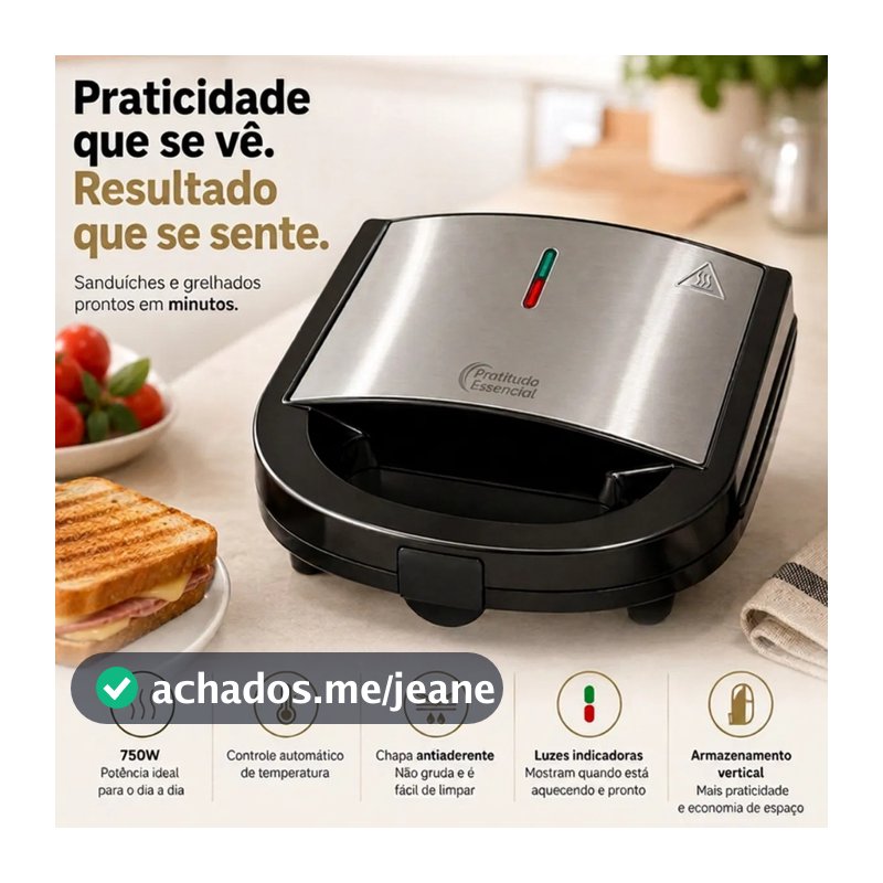 Sanduicheira Grill Elétrica 750W Antiaderente 2 Sanduíches Rápido 110V ou 220V Inox Termostato Automatico