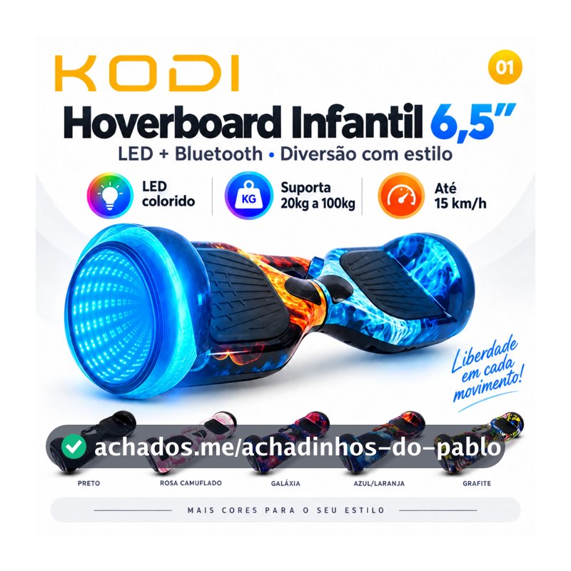 Hoverboard Infantil 6.5" KODI | Skate Elétrico com LED, Equilíbrio Inteligente e Base Antiderrapante