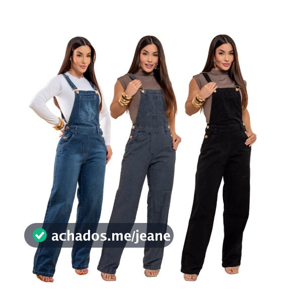 Jardineira Jeans Calça Cintura Alta Macacão Pantalona Wide leg