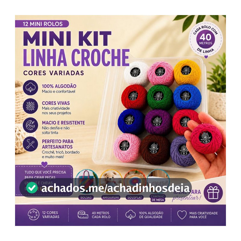 Kit 12 Linhas para Crochê 40 Metros 100% Algodão Cores Variadas Artesanato Tricô Bordado Costura -AE