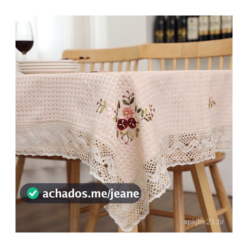 Toalha de Mesa Bordada à Mão com Fita de Seda Bege Flor Clássica Retangular de Algodão Vintage Renda Creme para Cozinha