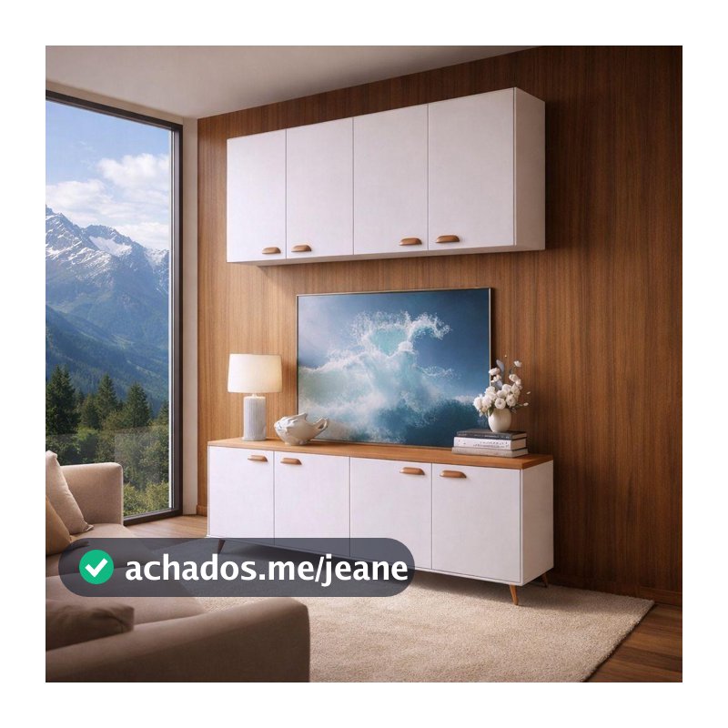 Buffet Aparador Branco 120cm 4 Portas + Armário Aéreo 4 Portas
