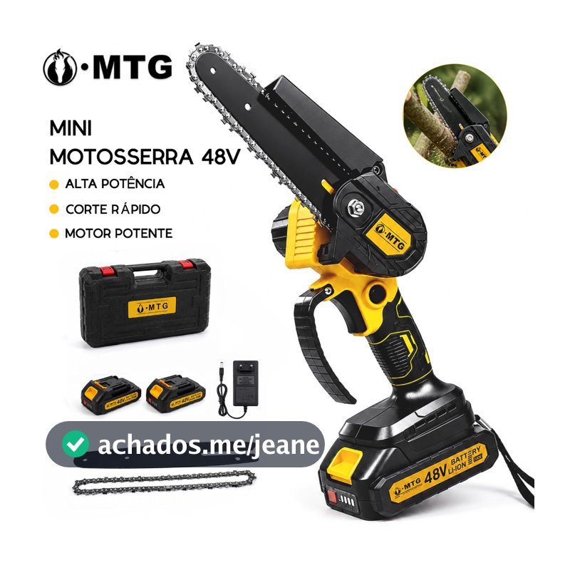 Motosserra Elétrica 48V Bivolt - Kit Completo c/ 2 Baterias Sem Fio para Jardim