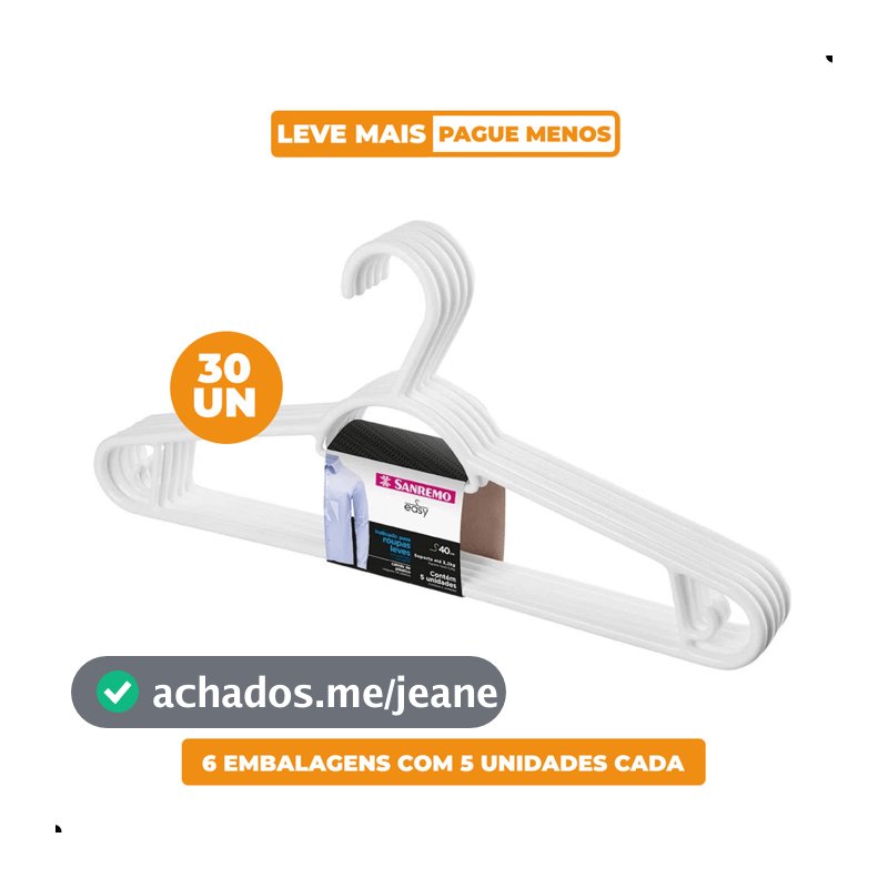 Kit Cabide Plástico Adulto 40cm Branco Sanremo 30 Unidades