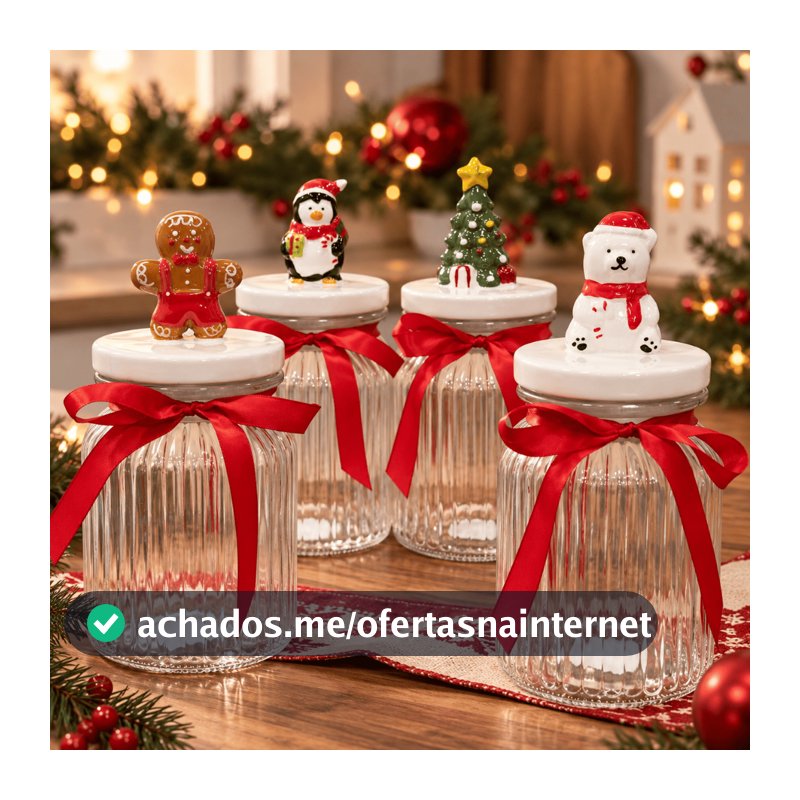 Potes de Vidro Natalinos 950mL Porta Biscoitos Doces Bomboniere Decoração de Natal com Tampa Decorada