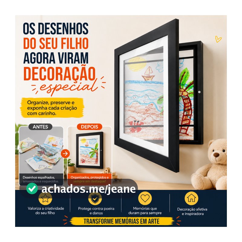 Moldura Porta Desenhos Infantil A4 Preta Marrom Branca Com Compartimento Para Guardar Artes E Fotos