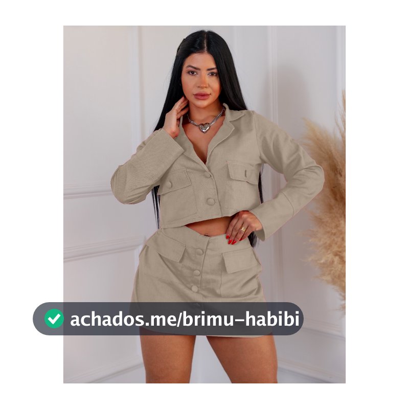Conjunto Feminino em Linho Short Saia e Blusa Manga Longa Botões Forrados