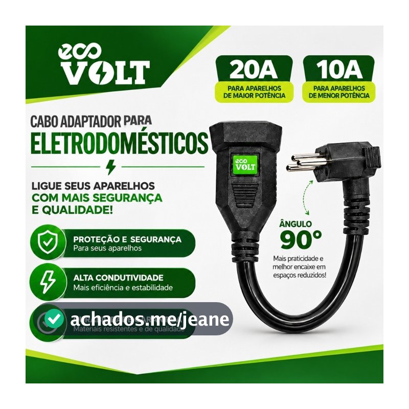 Cabo Adaptador De Tomada 20a X 10a Reforçado Bivolt 127/220v Adapta Tomadas Plug 90 graus Ecovolt