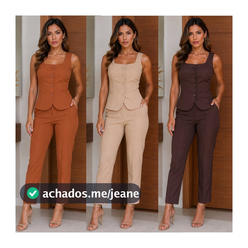 Conjunto Feminino Alfaiataria Elegante Colete Alça Larga Gola Quadrada e Calça botão encapado zíper frontal Luxo