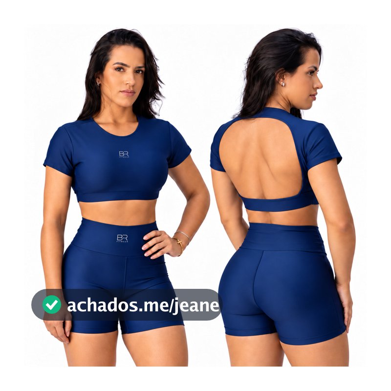 Conjunto Fitness Feminino Academia Cropped Manga Curta e Short Cintura Alta Tecido Premium