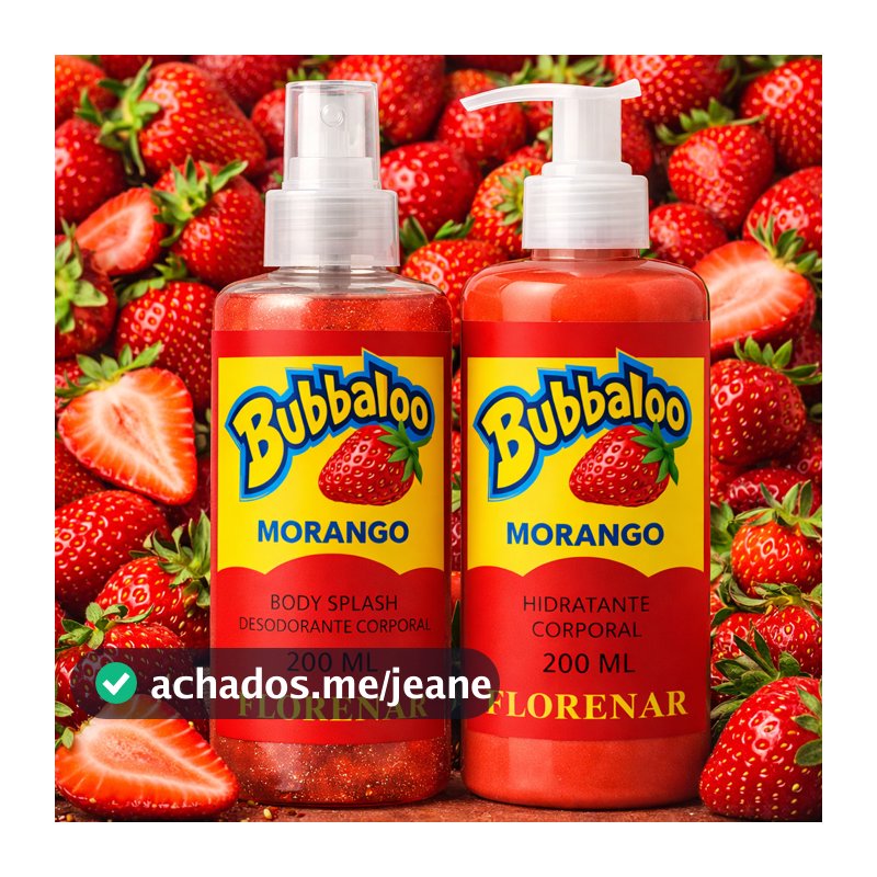 1 Kit Body Splash Bubbaloo Morango com gliter 200Ml + 1 Hidratante Corporal Morango 200ML
