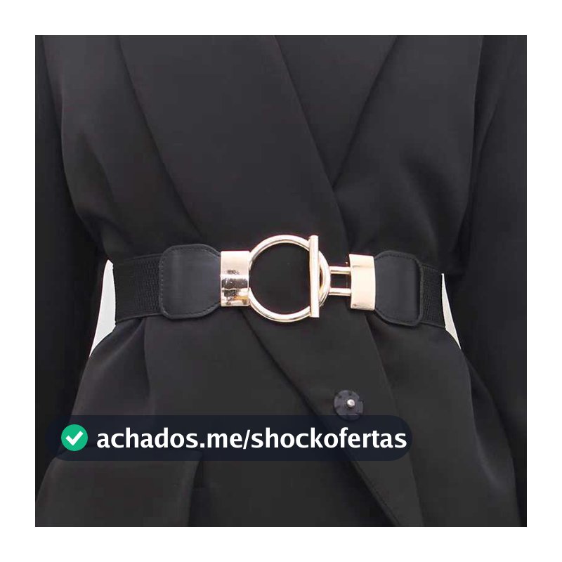 Cinto Feminino Elástico Preto com Fivela Dourada Geométrica Elegante para Vestido Blazer Look Social