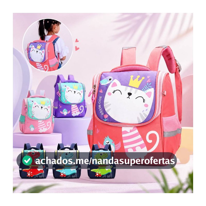Mochila Escolar Infantil Menino Menina Dinossauro Gatinho de Costas