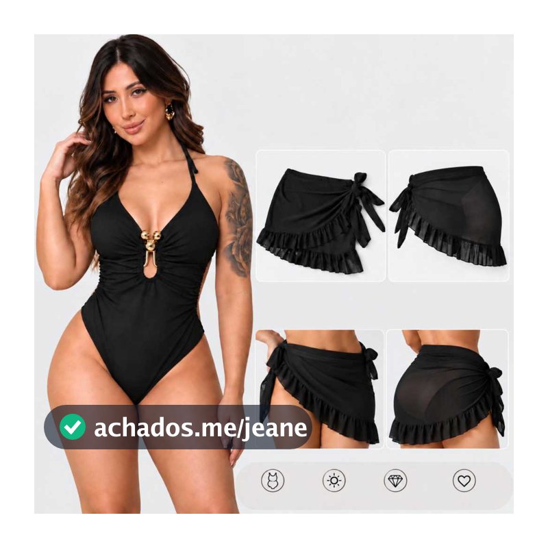 Maiô Feminino com detalhe Dourado e Desfraça Barriga + Saia Saída de Praia com Babado e Amarração Moda Praia Verão