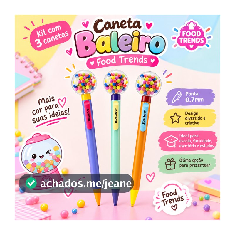 Kit 3 Canetas Baleiro 0.7mm Food Trends Fofa Criativa Escolar Papelaria