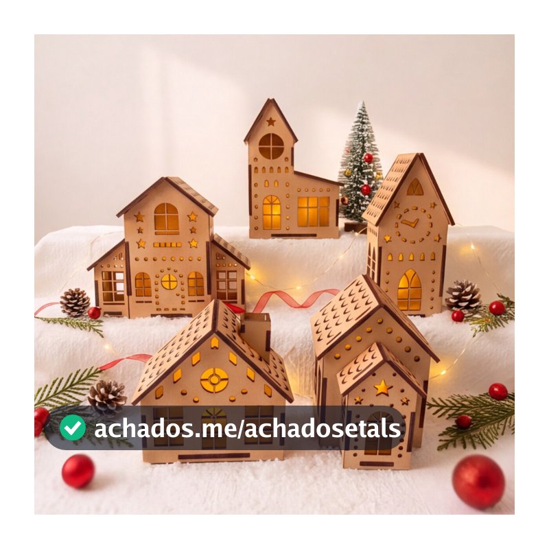 Kit Vila Natalina Mdf Cru 5 Peças Com Casinhas Igreja E Torre Decoração De Nata