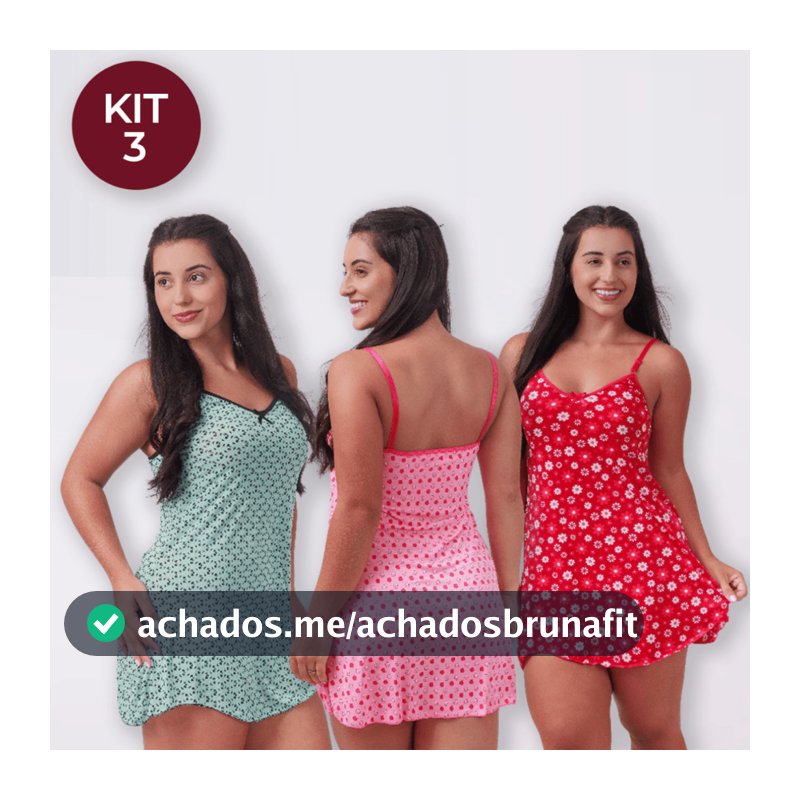Kit 3 Camisolas Feminina de Poliéster Estampada Adulto Pijama Feminino Camisola Vestido de Dormir