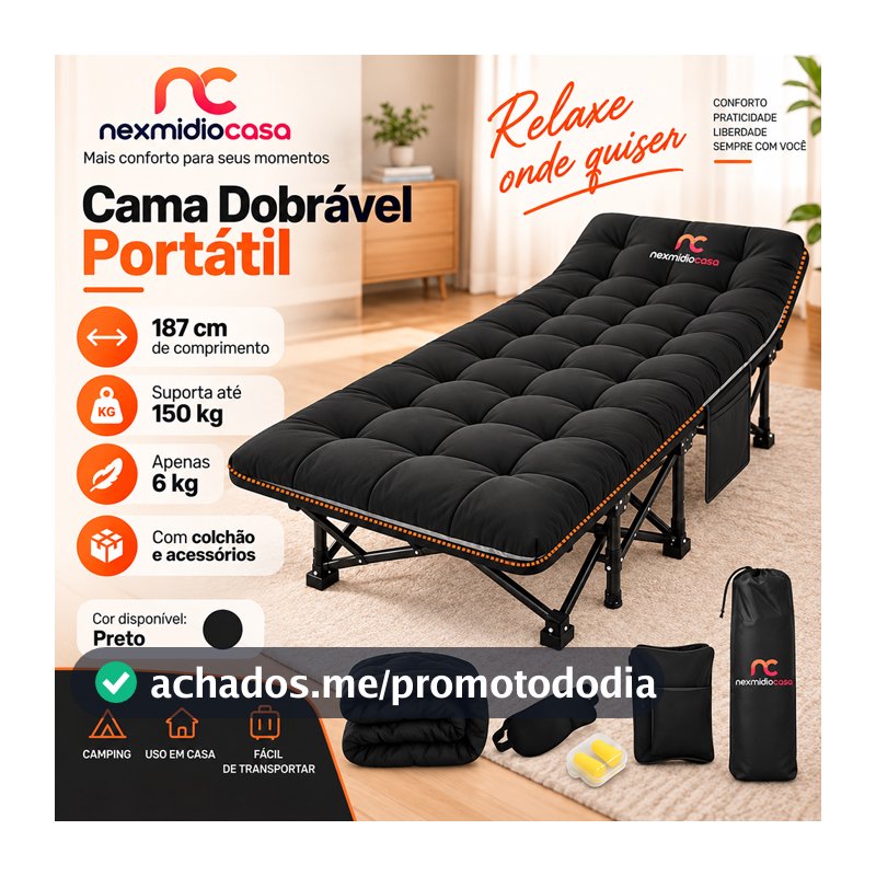 Cama Dobrável Portátil Camping Espreguiçadeira com Colchão 187cm 150kg Oxford 1200D Bolsa e Acessórios