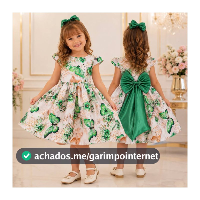 Roupa Infantil Menina Rodado Estampado Floral  Borboleta  VERDE Festa Aniversário Princesa 2 a 10 Anos