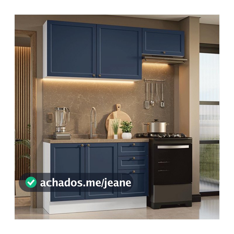 Armário de Cozinha Compacta 180 cm Branco/Azul Vik Madesa 02
