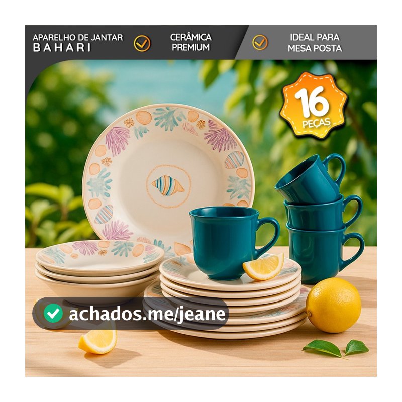 Aparelho de Jantar 16 Peças Bahari Cerâmica Premium Ideal para Mesa Posta