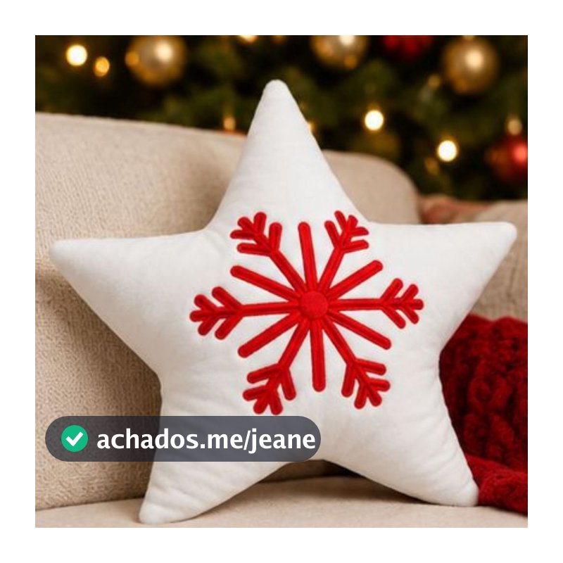 1. Almofada Estrela Natalina Floco de Neve Pelúcia Satin Branca Decoração de Natal 34x30cm