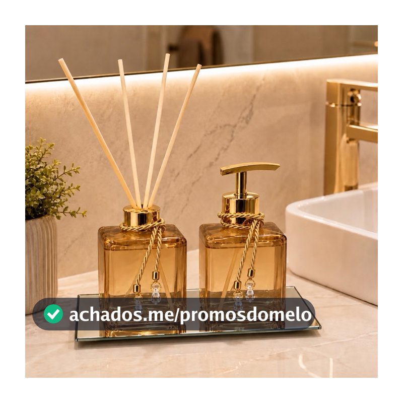 Kit Lavabo Pet Ambar Difusor de Varetas e Saboneteira Luxo Bandeja Banheiro Casa