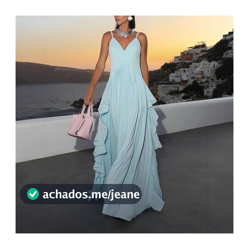 Vestido Maxi Com Decote Em V , Alça Espaguete , Comprimento Do Chão , Cintura , Saia Plissada , Lado Cascata , Babado ,