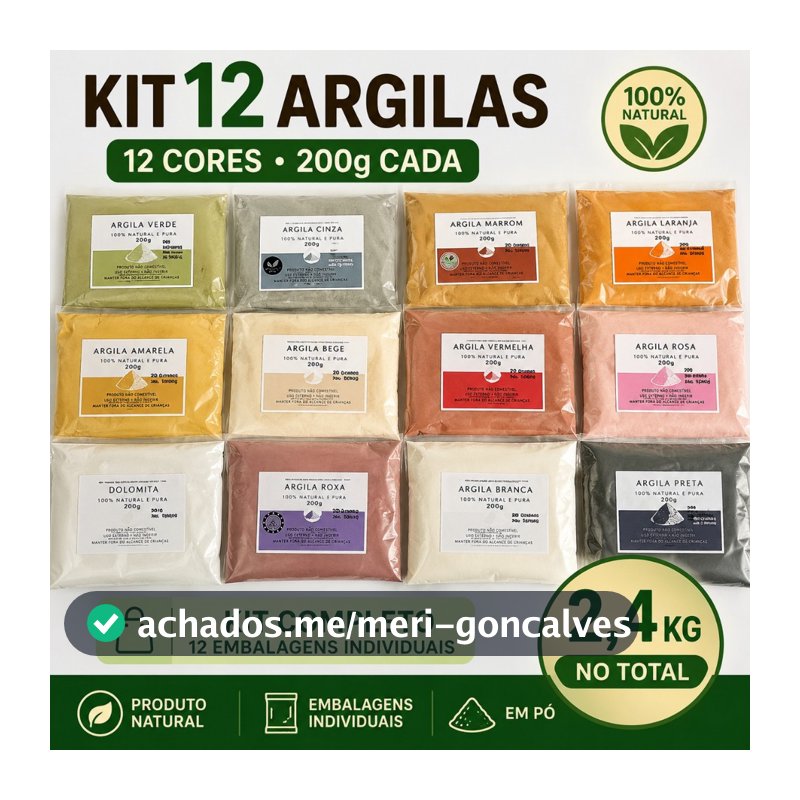 Kit 12 Argilas 200g Cada – 2,4kg – Verde, Preta, Branca, Rosa, Amarela, Vermelha, Cinza, Marrom, Bege, Roxa, Laranja e D