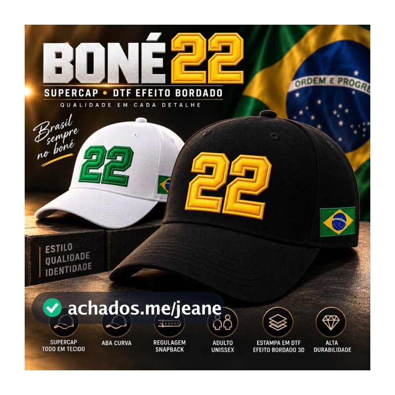 Boné 22 Brasil Supercap Tecido Aba Curva Snapback DTF ( Efeito Visual ) Bordado 3D