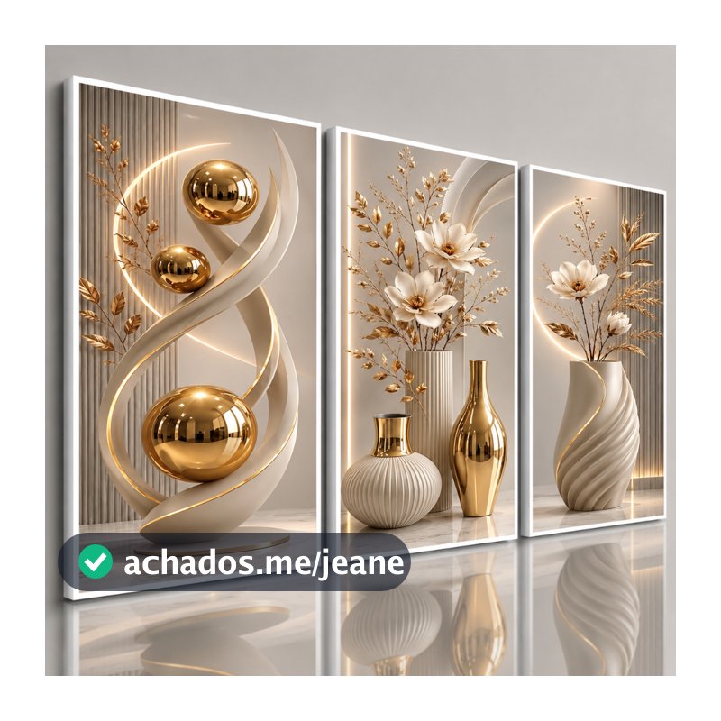 Kit 3 Quadros Decorativos Sala Quarto Escritório Luxo Abstrato Flores Dourado Bege Branco Moderno em Alta Qualidade