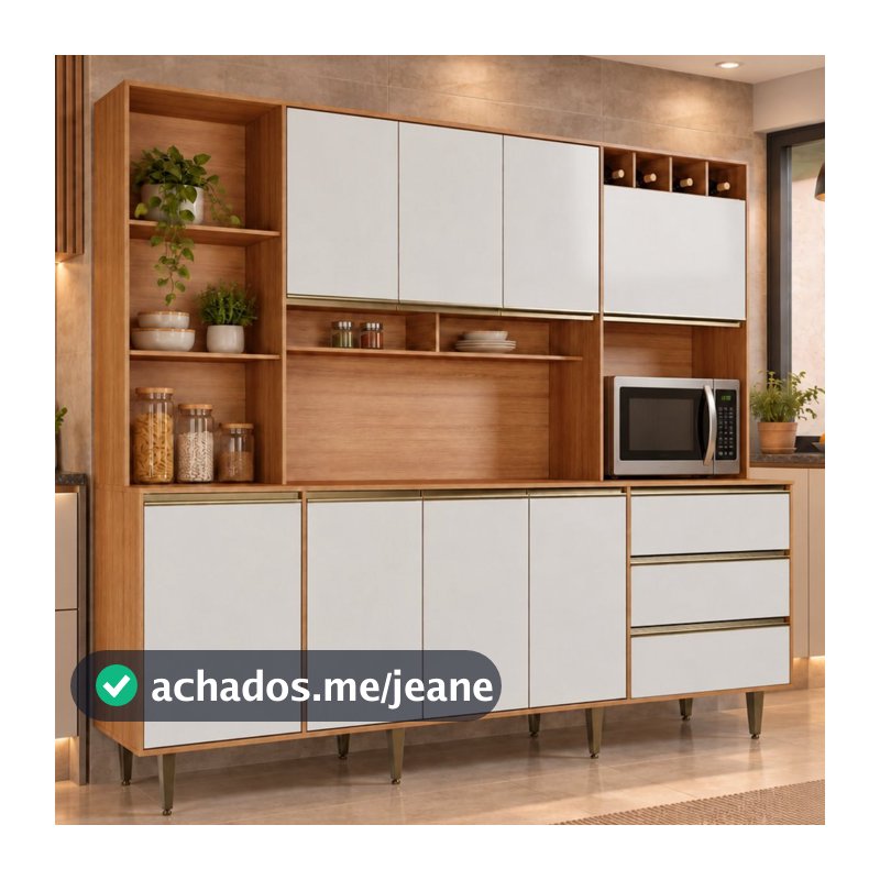Armário de Cozinha 8 Portas 3 Gavetas Nicho Versatti Branco/Freijó/Off White Freijó/Off White