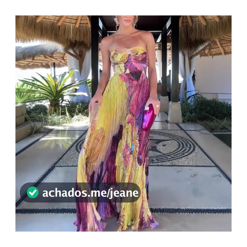 Vestido Longo de Moda Feminina Europeia e Americana, Moda com Bainha Oversized, Alças, Estampa, Vestido Sem Mangas Pliss
