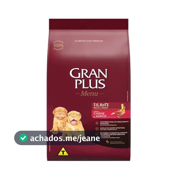 Ração GranPlus Menu Cão Filhote Carne e Arroz 15kg para Raças Médias e Grandes