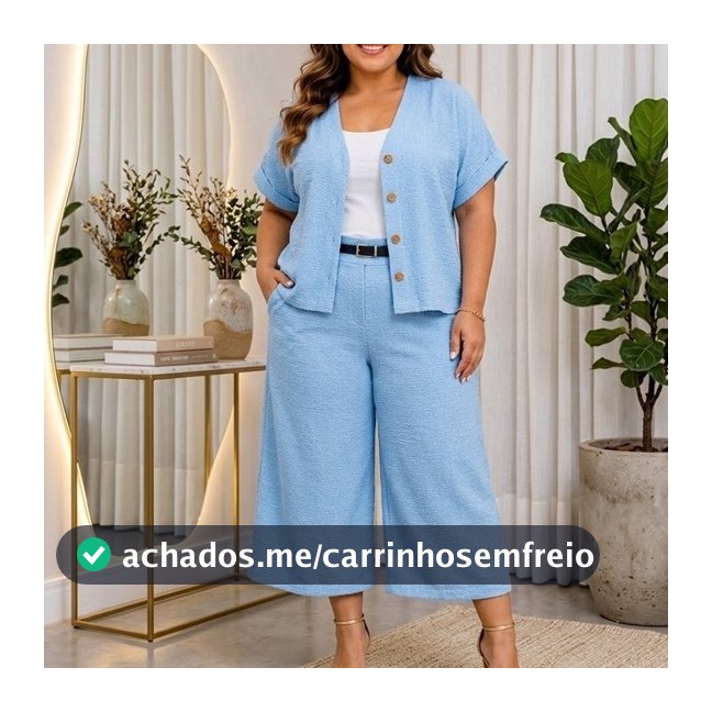 Conjunto Plus Size Feminino em Tecido Marrant Camisa Manga Curta e Calça Pantacourt