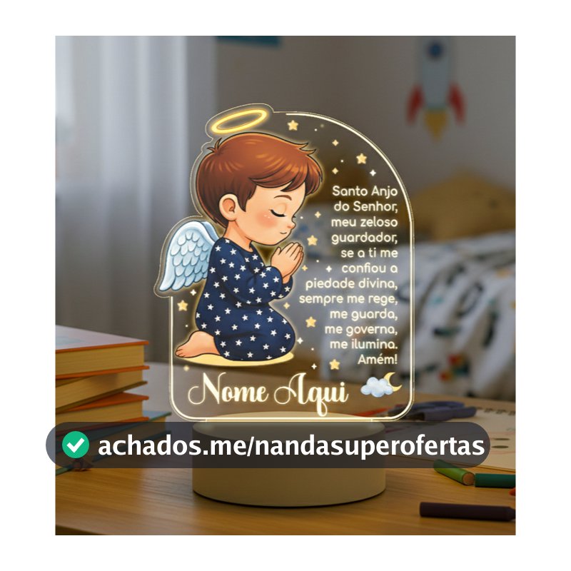 Luminária Uv Colorido Oração Santo Anjo, Presente Decoração Quarto Abajur, Aniversário, Batizado Criança, Chá de Bebê