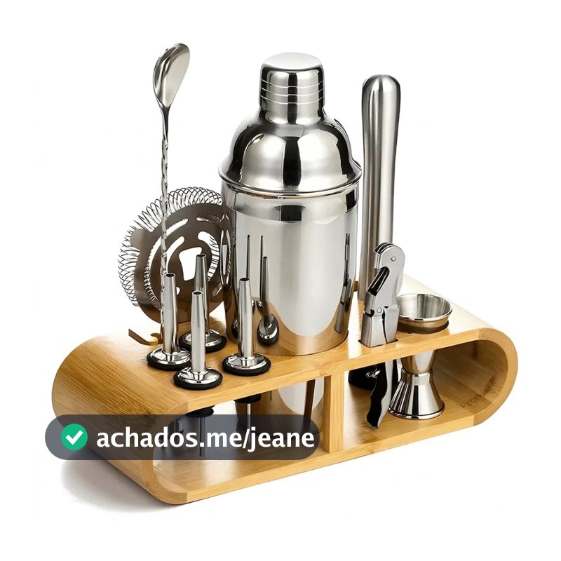 Kit Barman Luxo 12 Peças – Aço Inox Premium com Base em Madeira LUWAVE
