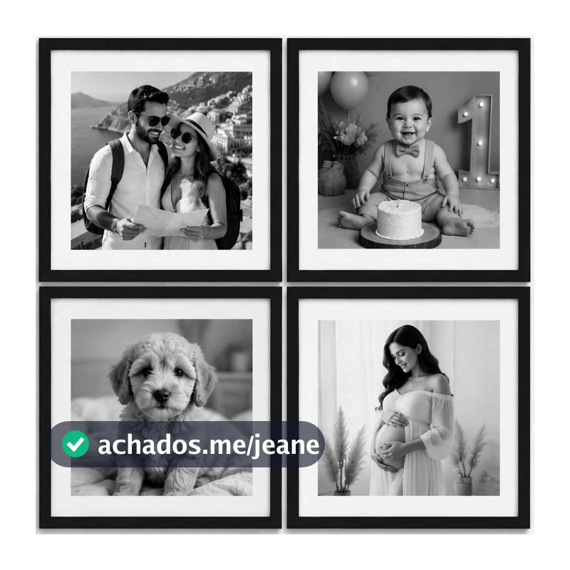 Kit 4 Quadros Personalizados com Suas Fotos – Preto e Branco Decorativo Sala Quarto