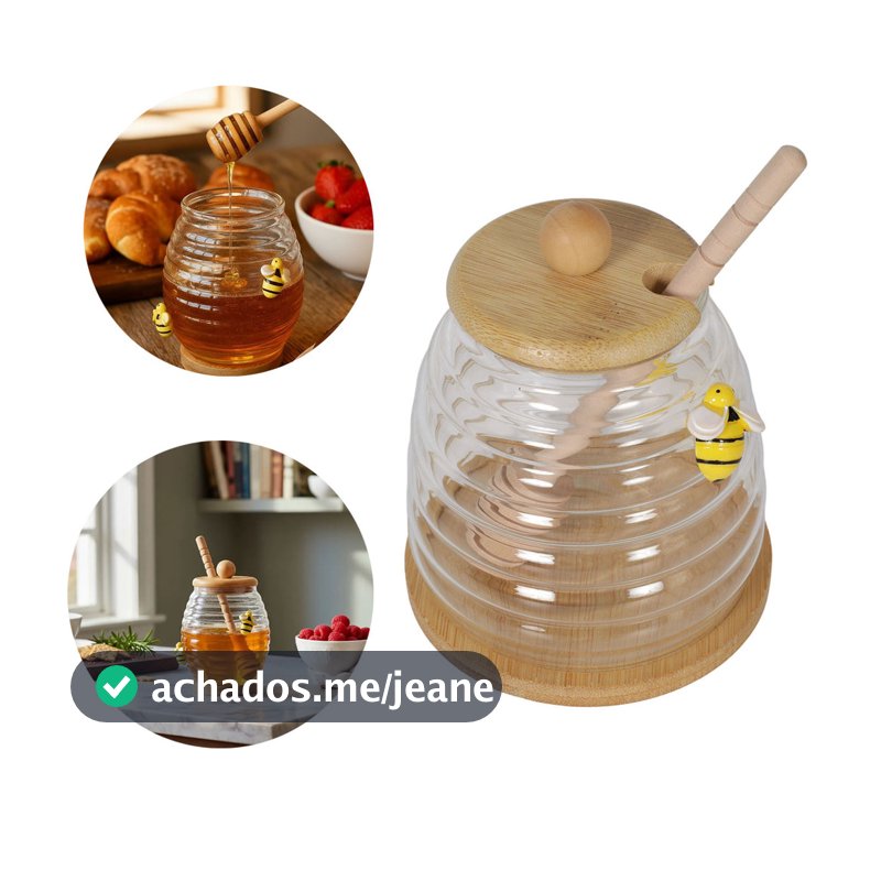 Meleira De Vidro Abelhinha 380ml Com Tampa Bambu E Pegador Para Mel
