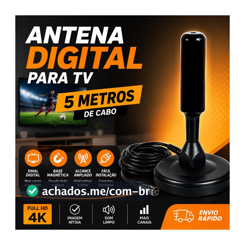 Antena Digital para TV UHF/VHF com Base Magnética e Cabo de 5 Metros – Sinal Digital HDTV