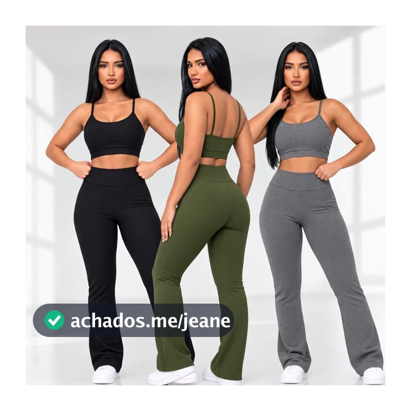 kit 3 Conjunto Academia Feminino Fitness Top Cropped Alcinhas Fixas Calça Flare Cintura Alta Confortável