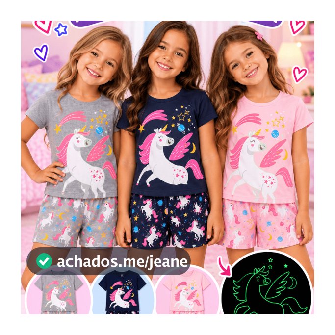Pijama BRILHA NO ESCURO Infantil Menina Verão Unicórnio - Hey Kids