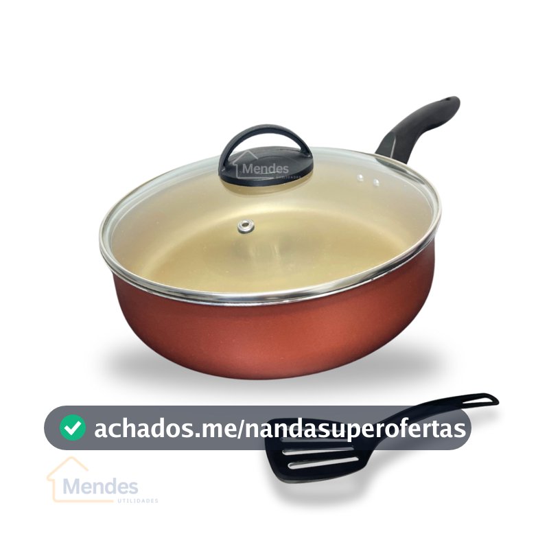 Frigideira Alta 24 cm 5 Camadas Antiaderente Teflon com Tampa de Vidro e Espátula Cor Cereja Gold